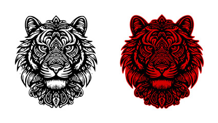 tiger head logo with ethnic style design on transparent background (black, red)