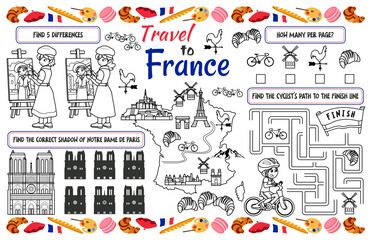 A fun holiday placemat for kids. Print out the “Travel to France” activity sheet with a labyrinth, find the differences, and find the same ones. 17x11 inch printable vector file