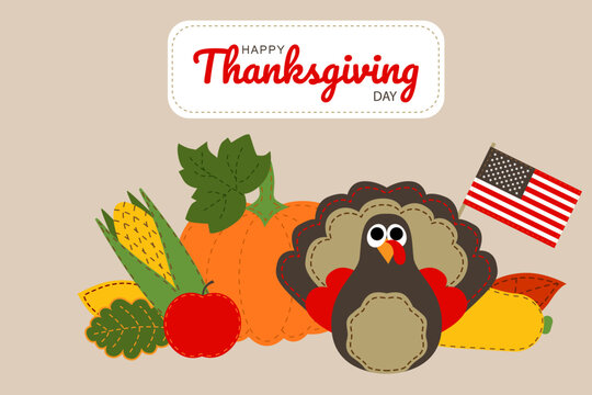 Thanksgiving day patchwork style symbols: turkey, pumpkin, corn, zukkini, apple, usa flag. Harvest vector illustration isolated  beige background for poster, label, flyer, invitation, festival design