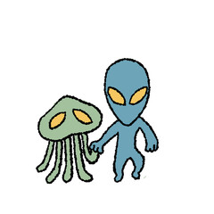 Pixel illustration of friendly aliens