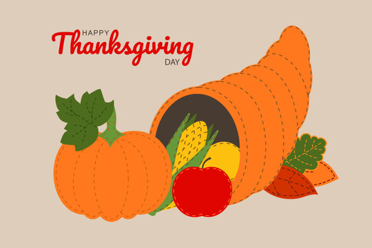 Thanksgiving day patchwork style symbols: Pumpkin, cornucopia, corn, zukkini, apple. Harvest vector illustration isolated  beige for poster, label, flyer, invitation, festival