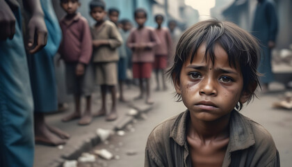 Harsh reality of impoverished children on the streets, begging for survival. - obrazy, fototapety, plakaty