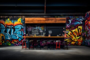 Industrial setting with dark concrete walls featuring graffiti in a spectrum of vibrant hues, Generative AI