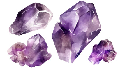 set of purple crystal watercolor art illustration isolated on transparent or white background