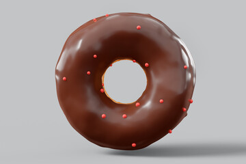 Chocolate glazed donut with sprinkles on a grey background - obrazy, fototapety, plakaty