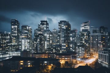 Fototapeta na wymiar Nighttime city scene with dark concrete buildings illuminated by vibrant city lights, Generative AI