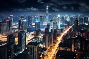 Nighttime city scene with dark concrete buildings illuminated by vibrant city lights, Generative AI