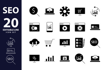 Dynamic SEO Vector Icons: Modern Black Fill Icons for Web Development, Strategy, and Optimization – Editable Pictograms and Infographic Elements Included.