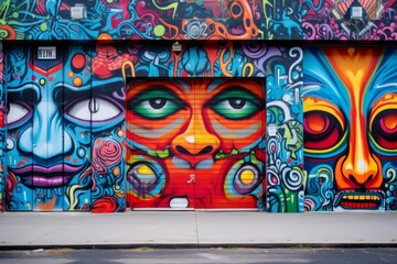 Street art gallery with dark concrete walls showcasing a kaleidoscope of vivid colors, Generative AI