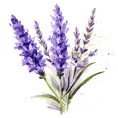 Watercolor Illustration of Lavender Flowers in a Vintage Style, Isolated on a White Background. Vector Image with Purple Lavender.