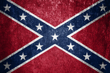 Close-up of grunge Confederate States of America flag. Dirty Confederate States of America flag on a metal surface. - obrazy, fototapety, plakaty