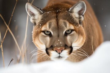 portrait of a puma in snow 