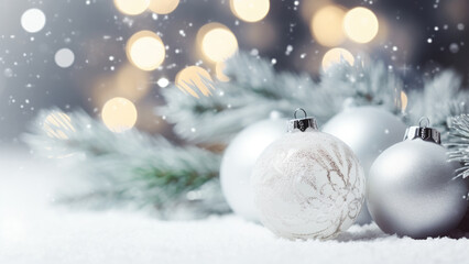 Fototapeta na wymiar Seasonal Adornments: Snowy Scene with White Decorative Ornaments for Christmas