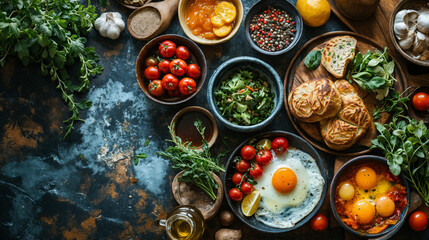 Rustic Gourmet Brunch Spread. Tomatoes, baked eggs, brad and vegetables. Formhouse style lunch with...