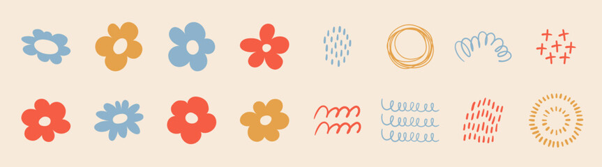 Sets of flowers with abstract elements, hand drawn