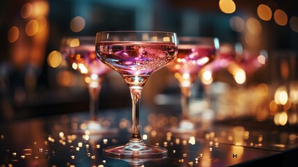 A group of stylish pink girlish cocktails in glasses with high stems at the bar counter. Generative AI