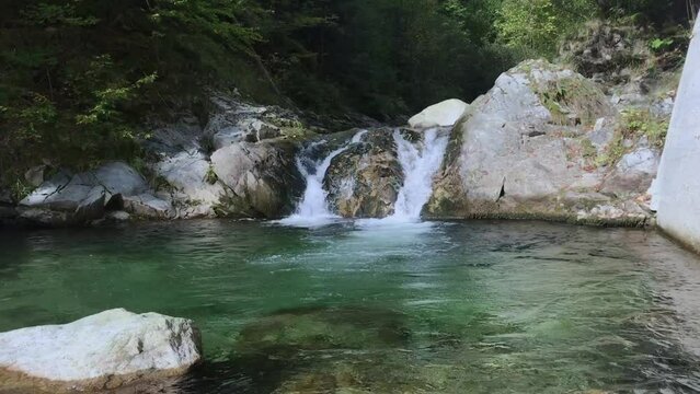 Beautiful waterfall in Cheile Galbenului gorge, Baia de Fier, Gorj, Romania