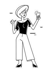 Young person with mobile cell phone doing some online job or chatting in messenger or social media vector outline illustration.