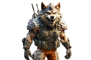 3d illustration wolf army character rendering, video game, transparent background.ai generative image