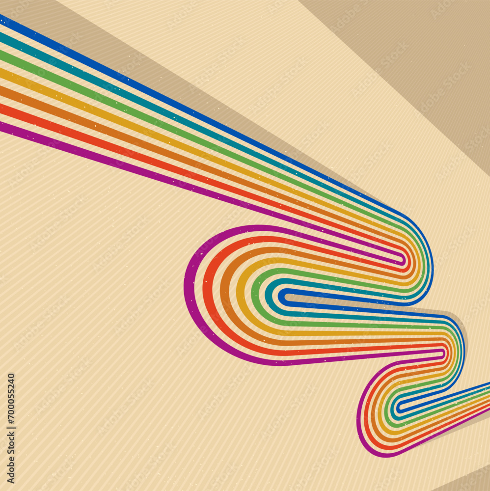 Poster retro style abstract background with curve lines in all colors of rainbow, 3d dimensional seventieth
