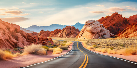 the road to the mountains, A road leading to a red rock formation, Horizontal paved road in desert with striped mountains on background, generative AI

