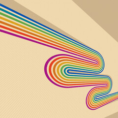 Retro style abstract background with curve lines in all colors of rainbow, 3D dimensional seventieth vector art.
