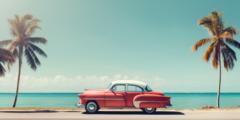 car on the beach, rad  old car on the beach, Havana, cuba. classic american car against the background of palm trees in the bright sun in the evening in havana against the background , generative AI - obrazy, fototapety, plakaty