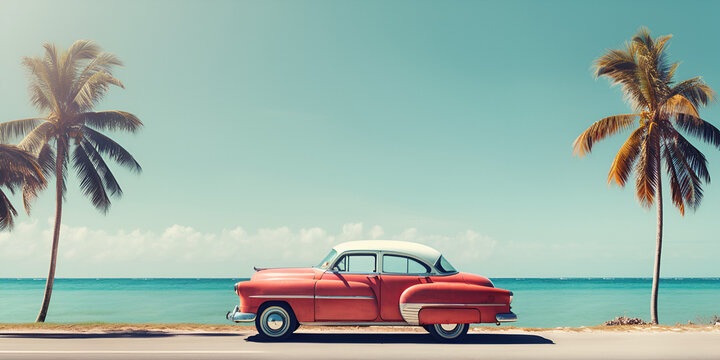 car on the beach, rad  old car on the beach, Havana, cuba. classic american car against the background of palm trees in the bright sun in the evening in havana against the background , generative AI