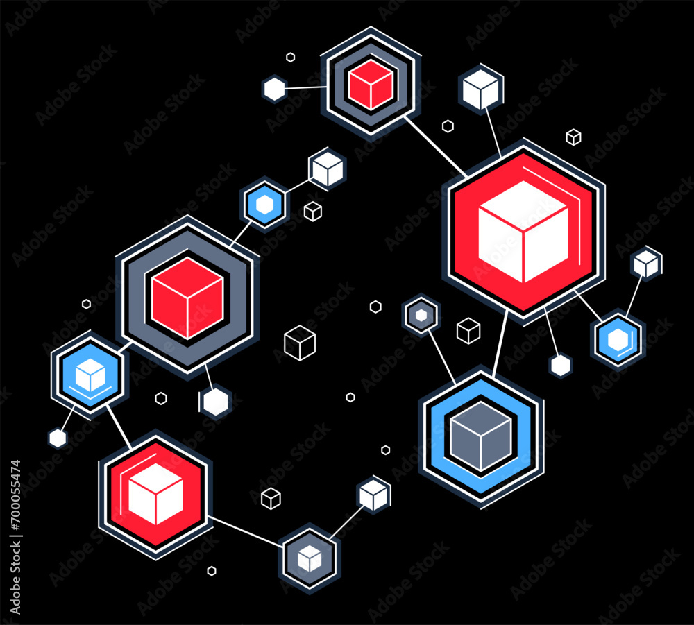 Poster abstract tech geometric vector background over dark, connected cubes technology network or science t