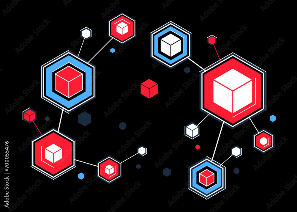 Poster abstract tech geometric vector background over dark, connected cubes technology network or science t