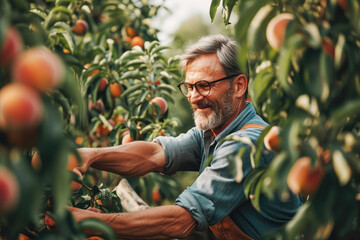 happy elderly man picking peaches in the garden