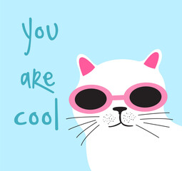 Illustration of a cute cat on a blue background.