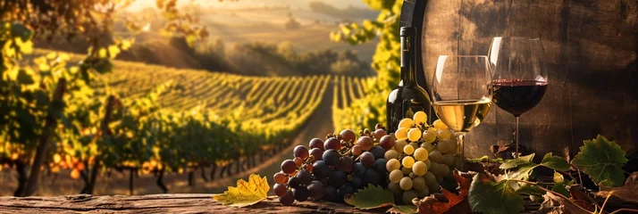 Foto op Plexiglas a dreamy winery in tuscany, wonderful tasty italian wine, glass and wine bottle © CROCOTHERY
