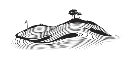 a black and white drawing of a hill with trees