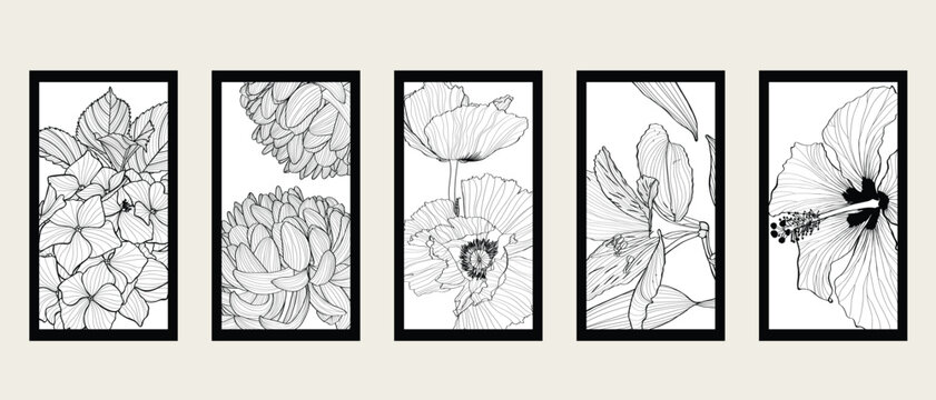 Illustration with big collection of spring and garden flowers frame background. Hibiscus, hydrangea, magnolia, poppy and tropical. Decorative element, card, logo, poster.