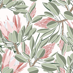 Vintage african seamless pattern.Tropical flowers background. Banksia, protea line illustration.
