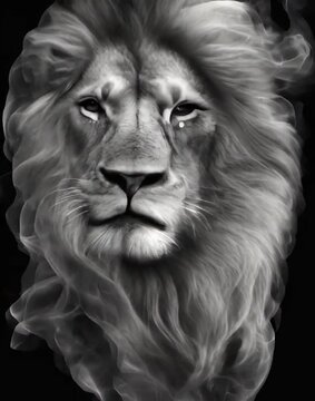 Lion head portrait surrounded by smoke abstract motion, black and white