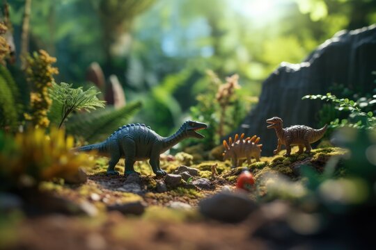 Dino Realms: Toy Figures of Dinosaurs and People in the Real World. Prehistoric concept small toy scene with macro photo miniature of toy dinosaurs and people coexisting in a realistic miniature worl