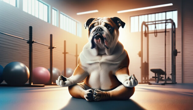 Yogi Bulldog english practicing yoga lesson. Bulldog meditating in the GYM. Well being, wellness concept. 