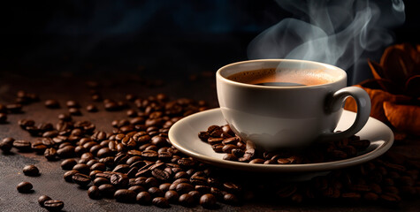 cup of coffee with coffee beans on the table