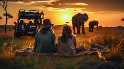 couple sitting on the floor Grass and a jeep in the grass field with wild animals in the background, the sunset. - obrazy, fototapety, plakaty