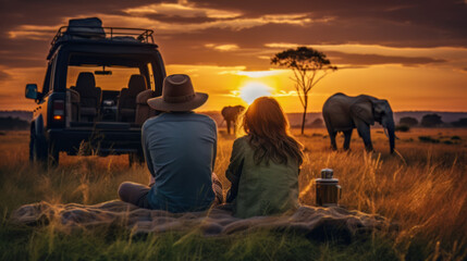 couple sitting on the floor Grass and a jeep in the grass field with wild animals in the background, the sunset. - obrazy, fototapety, plakaty