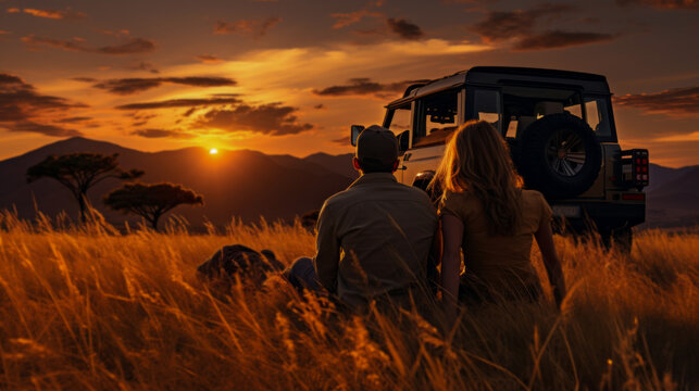 couple sitting on the floor Grass and a jeep in the grass field with wild animals in the background, the sunset.
