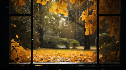 Rain outside the window in the landscape