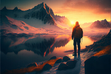 The traveler meets the dawn in the mountains. AI generated. - obrazy, fototapety, plakaty