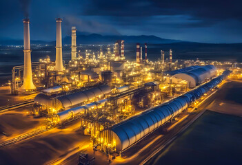 Fototapeta na wymiar Oil refinery plant and industrial factory building with sky background at night, pipeline for transport oil and gas.