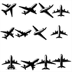 airplane doing aerobatics, silhouettes set of aeroplane.
