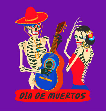 Dia de muertos. Mexican day of the dead. November 2. Vector celebration concept with lettering. Two sceletons dancing and playing guitar. 