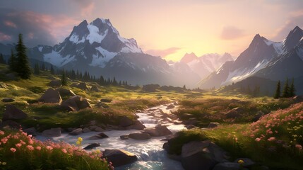 Beautiful panorama of alpine meadow and mountain river at sunset - obrazy, fototapety, plakaty