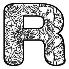 Zentangle mandala stylized ABC English language alphabet for coloring book. Letter R illustration, black white hand drawn doodle font. 
